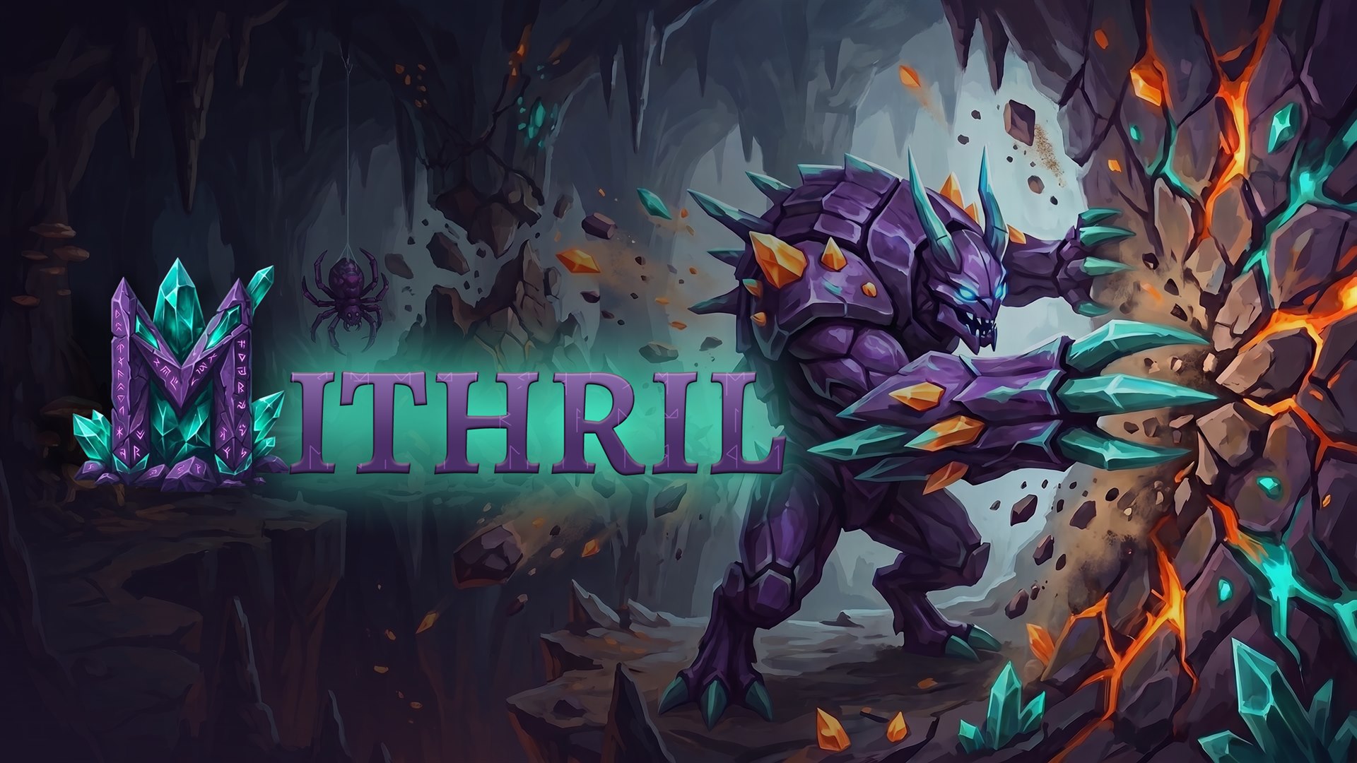 Mithril key art: an armoured purple beast with crystal claws bursting through a cave wall beside the glowing Mithril logo