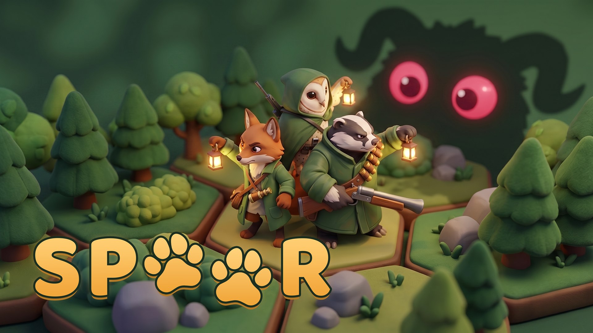 Three animal hunters with lanterns on hex tiles, watched by the Beast's glowing pink eyes