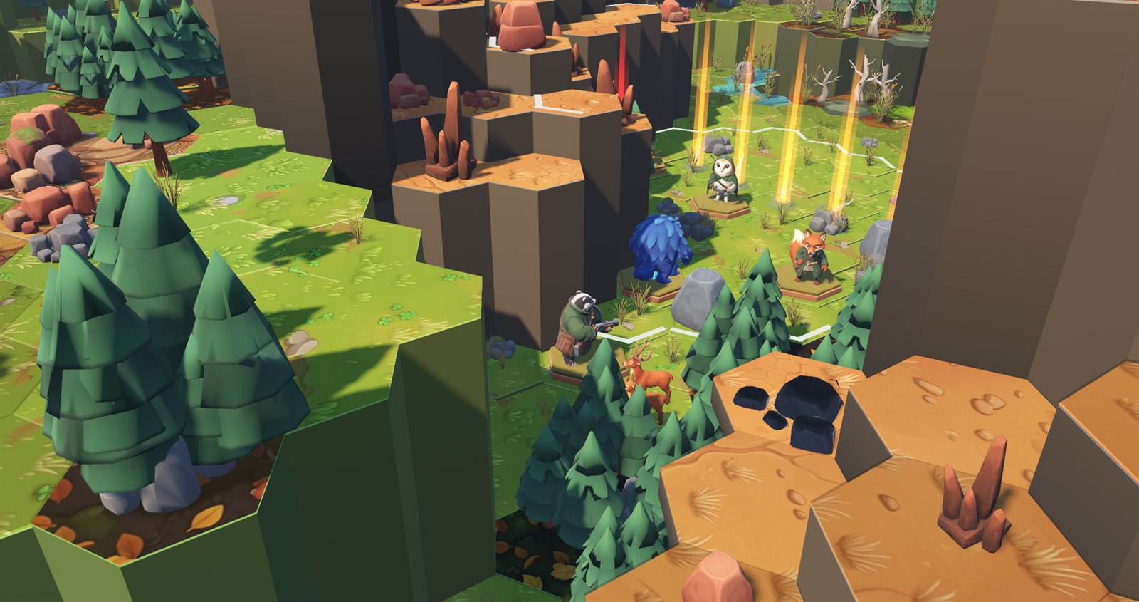 A fox, an owl and a badger in green coats spread across terraced hex terrain, with a beast and a grazing deer nearby