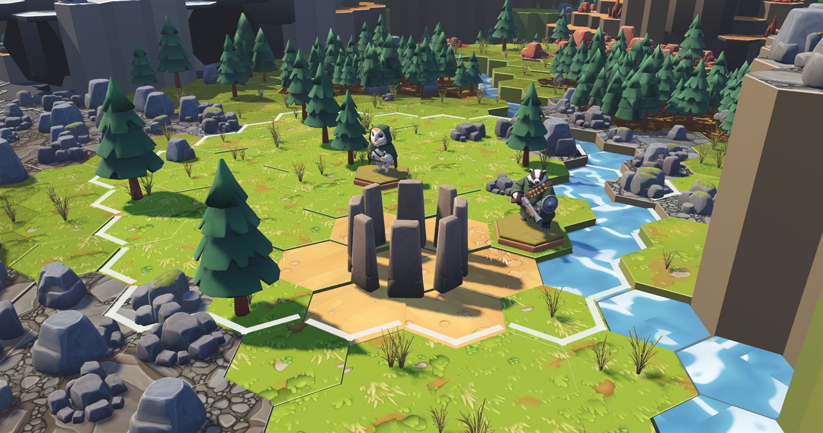 An owl and a badger hunter either side of a ring of standing stones on sand hexes, beside a winding river