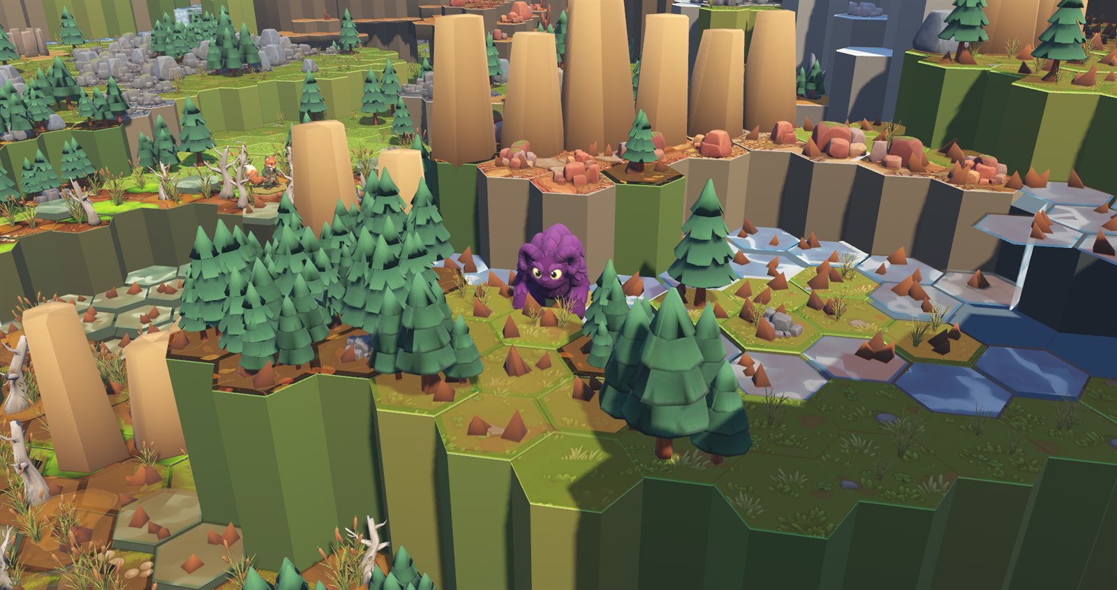 A purple beast half hidden between pines on a wide terraced landscape, a lone hunter visible in the distance