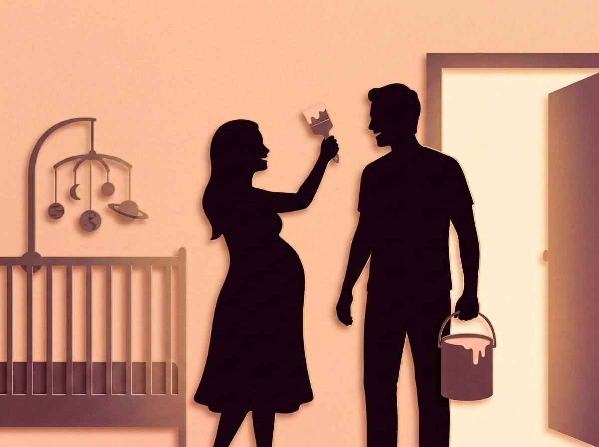 Papercut silhouettes of two expectant parents painting a nursery peach, beside a cot and a planet mobile