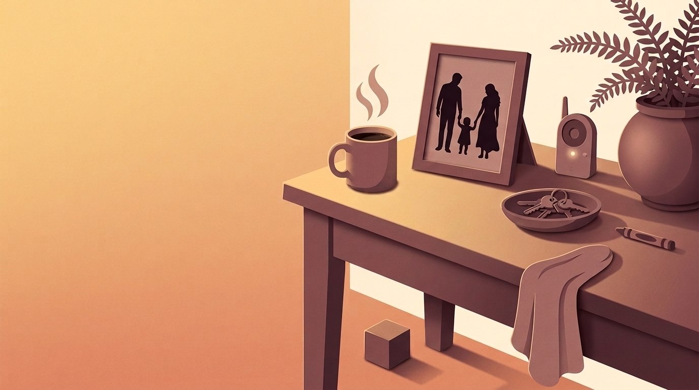 Papercut hallway table with a steaming mug, a family photo, keys in a dish and a toy block on the floor